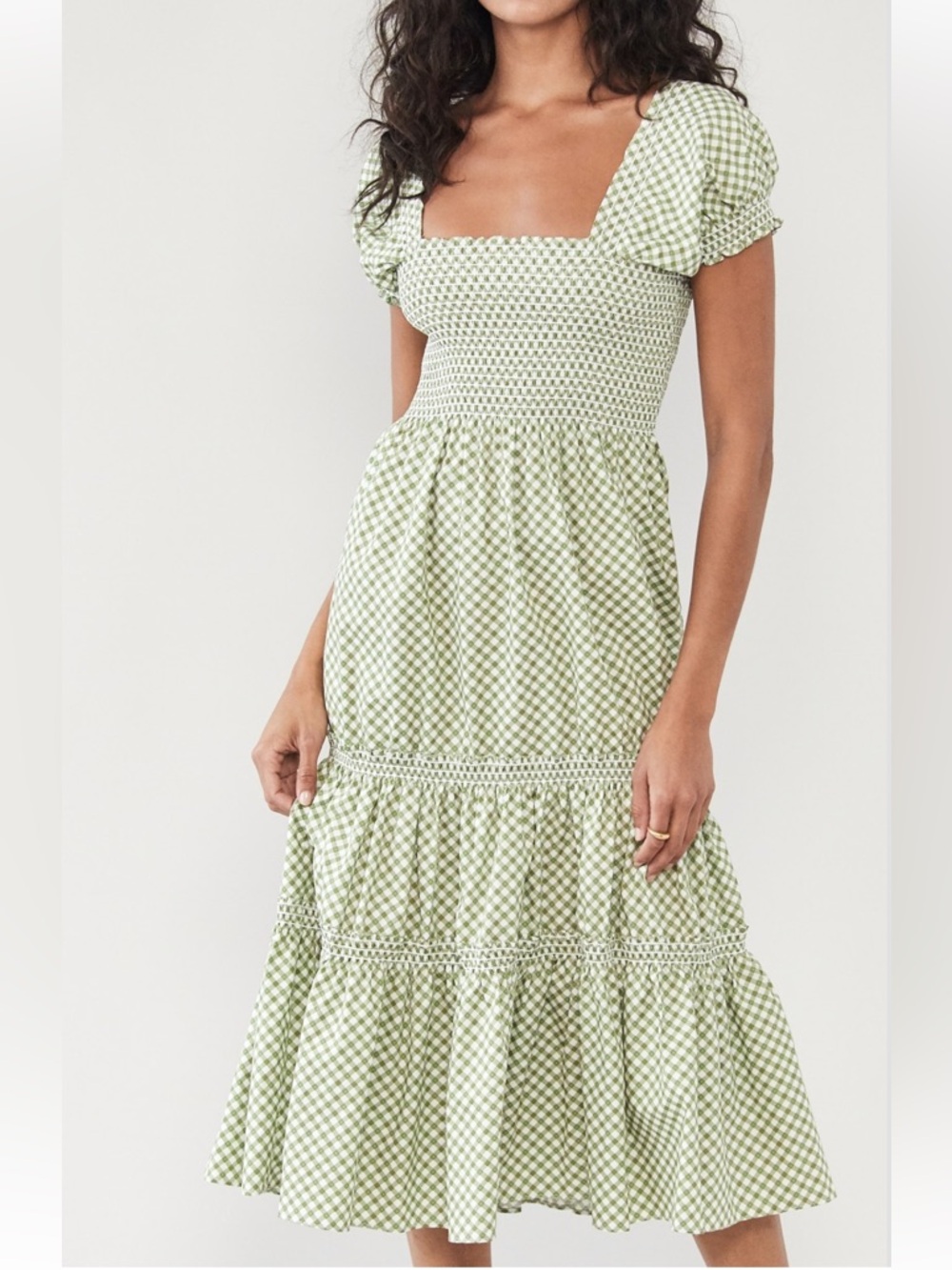 Smocked Square-Neck Maxi Dress in Sage Gingham